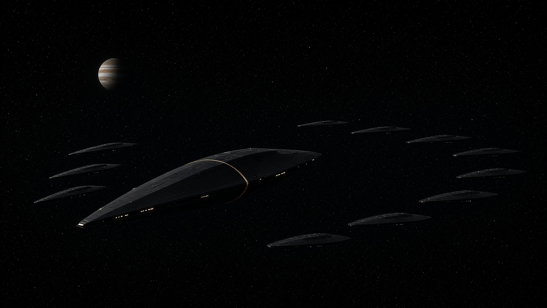 A black command ship leading escorts and carriers through deep space.