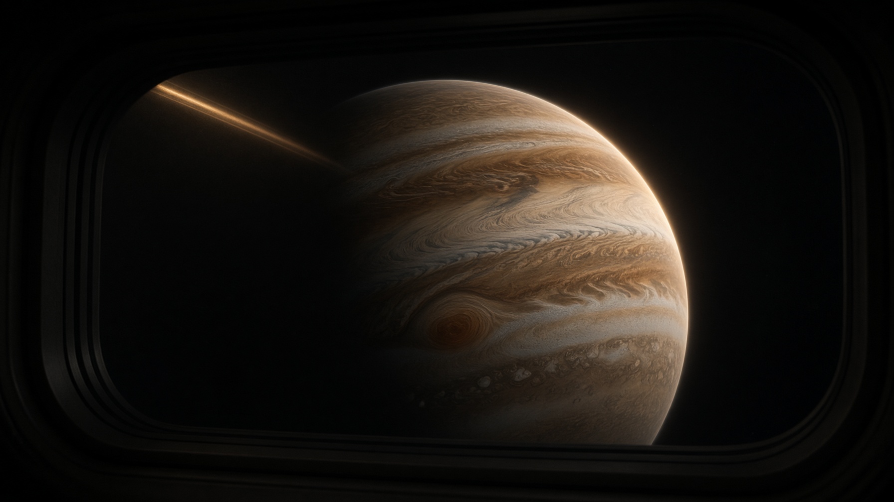 Jupiter beyond a spacecraft window.